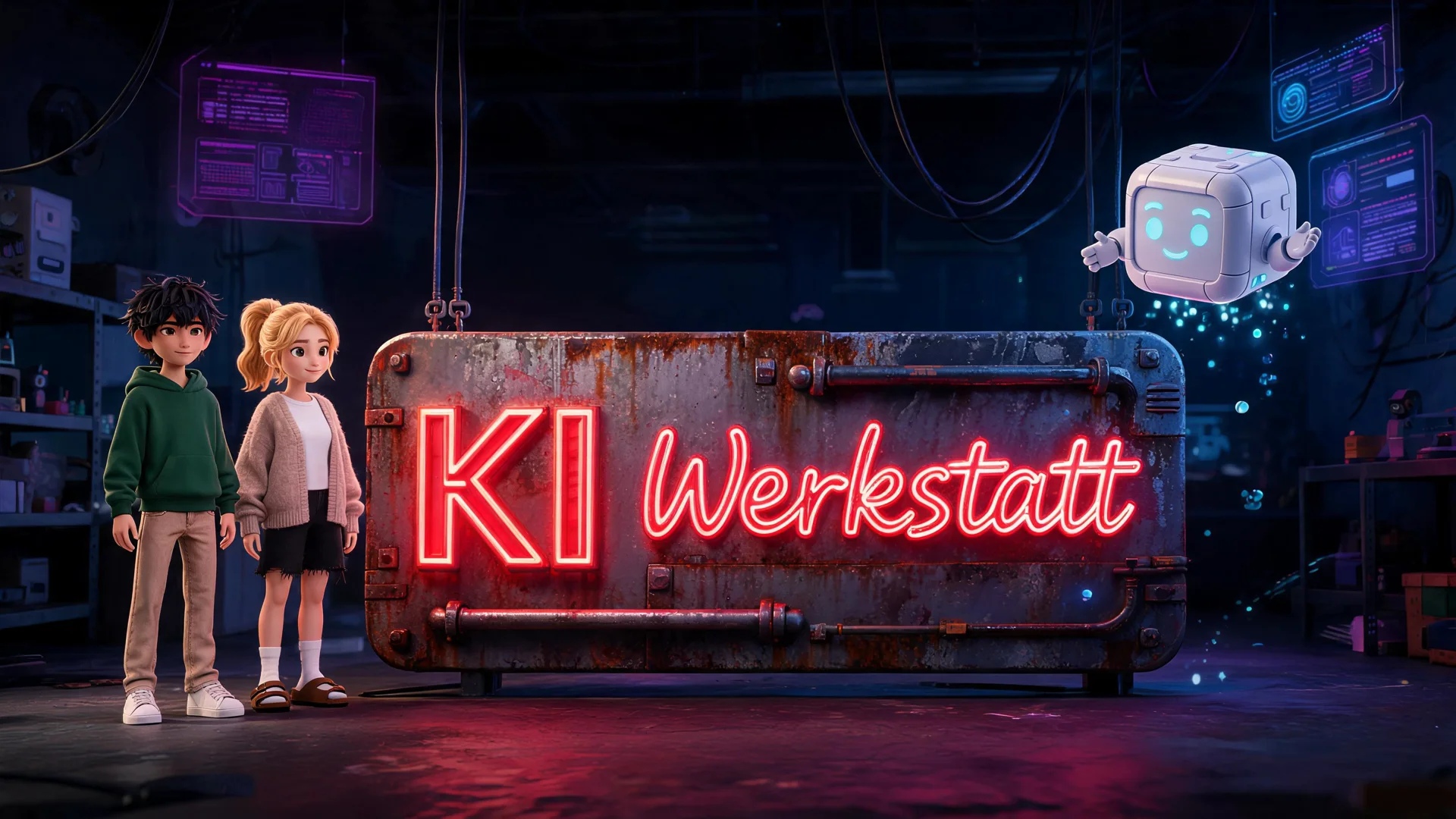 The illustrated KI-Werkstatt learning environment on a desktop display